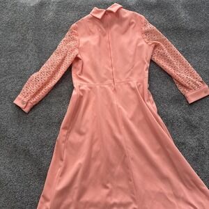VTG Womens M 60s Dress Fortrel 70s Long Sleeve Sheer Maxi Pink Knit Sleeve Lace
